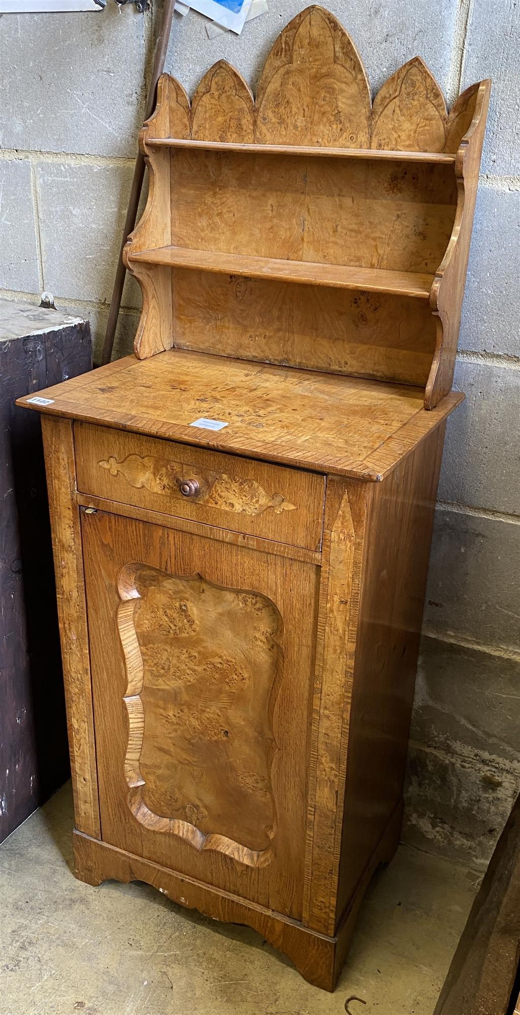 A late Victorian burr ash bedside cupboard, width 51cm, depth 36cm, height 132cm